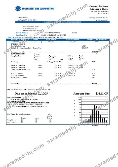 USA Nevada Southwest gas Corporation business utility bill template in Word and PDF formats